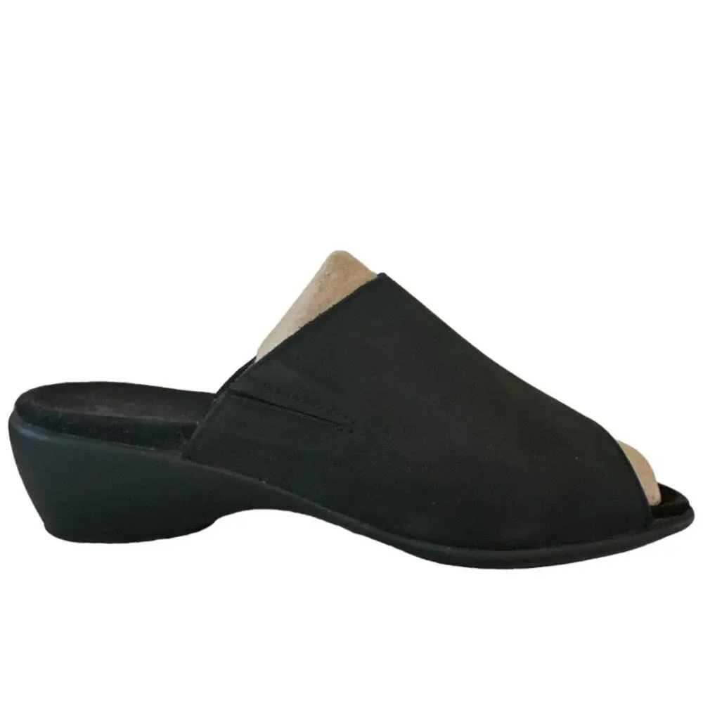 Mephisto Black Leather Nubuck Wedge Slip On Sandal Womens sz EU 40 US 10 Comfort